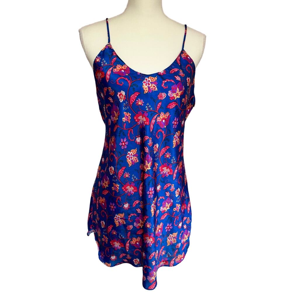 Vintage 1970's Pinx made in USA Blue Floral Mini Lingerie Slip Dress Medium